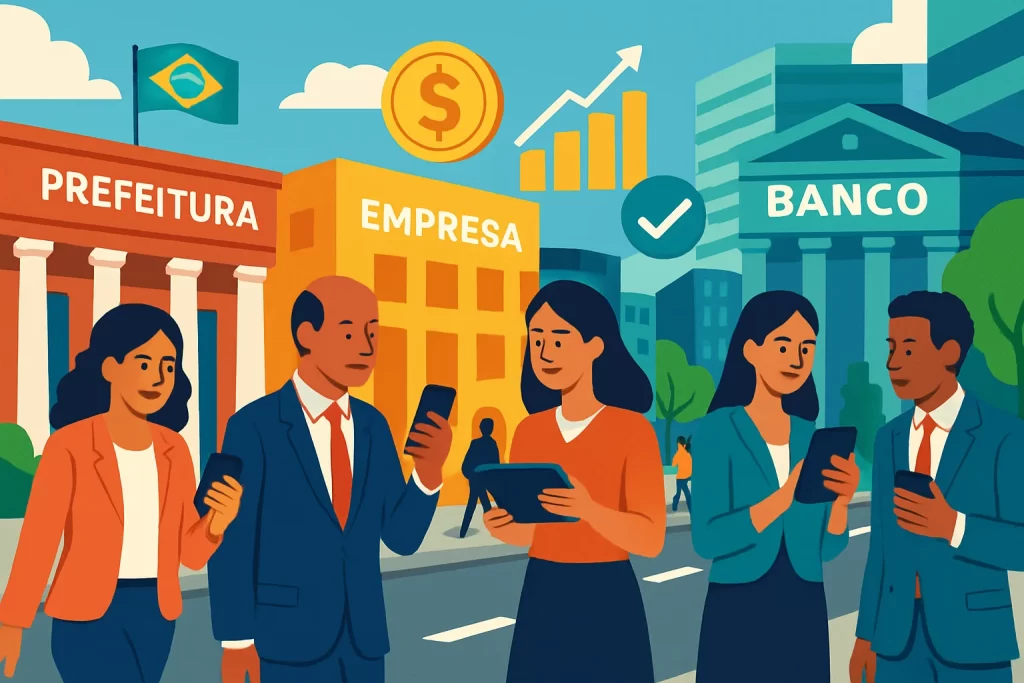 Rua movimentada de cidade brasileira com elementos de reforma tributária, negócios, pessoas usando celulares e tablets