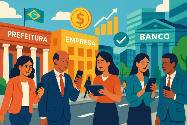 Rua movimentada de cidade brasileira com elementos de reforma tributária, negócios, pessoas usando celulares e tablets